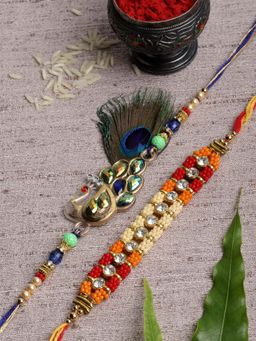 PANASH - Men Set Of 2 Gold-Toned Pecock Shaped Handcrafted Rakhis With Roli Chawal
