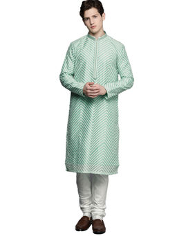 Manyavar - Green Art Silk Festive Self Design Kurta and Pajama (Set of 2)