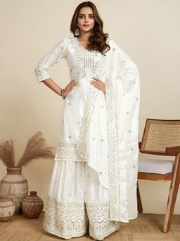 Anveri Textiles - Women Cream Art Silk Embroidered Kurta with Sharara and Dupatta
