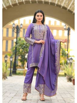 Anveri Textiles - Women Purple Art Silk Embroidered Kurta with Pant and Dupatta