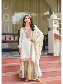 Anveri Textiles - Women Cream Art Silk Embroidered Kurta with Sharara and Dupatta
