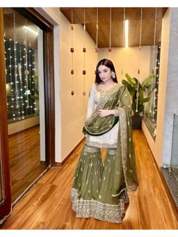 Anveri Textiles - Women Cream Art Silk Embroidered Kurta with Sharara and Dupatta