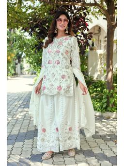 Anveri Textiles - Women Cream Art Silk Embroidered Kurta with Sharara and Dupatta