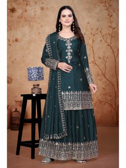 Anveri Textiles - Women Green Art Silk Embroidered Kurta with Sharara and Dupatta