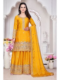 Anveri Textiles - Women Yellow Art Silk Embroidered Kurta with Sharara and Dupatta