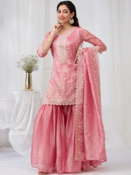 Anveri Textiles - Women Pink Tissue Embroidered Kurta with Sharara and Dupatta