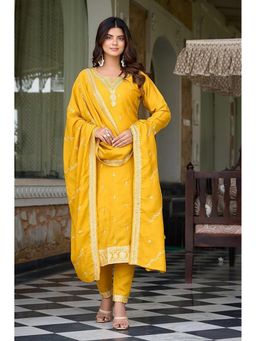 Anveri Textiles - Women Yellow Silk Embroidered Kurta with Pant and Dupatta