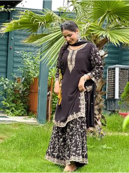 Anveri Textiles - Women Black Georgette Embroidered Kurta with Sharara and Dupatta