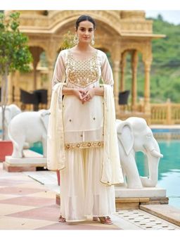 Anveri Textiles - Women Cream Art Silk Embroidered Kurta with Sharara and Dupatta