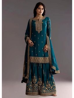 Anveri Textiles - Women Green Art Silk Embroidered Kurta with Sharara and Dupatta
