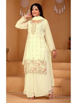 Anveri Textiles - Women Cream Art Silk Embroidered Kurta with Sharara and Dupatta