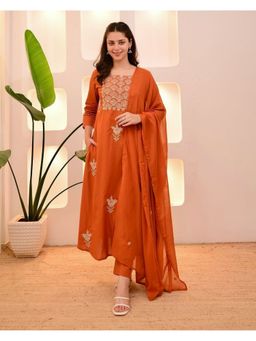 Anveri Textiles - Women Orange Cotton Embroidered Kurta with Pant and Dupatta