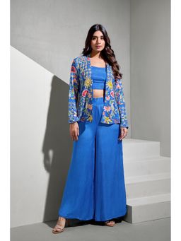 Rizabella - Women Blue Chinon Floral Top with Palazzo and Jacket