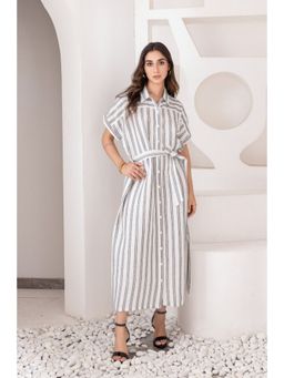 etre comfortwear - Women Striped Ivory Dream Linen Shirt Style Dress with Belt