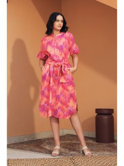 etre comfortwear - Women Pink Printed Rosalia Vibrant Dress with Belt