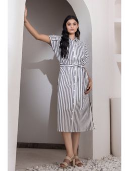 etre comfortwear - Women White Striped Summer Sky Linen Shirt Style Dress with Belt