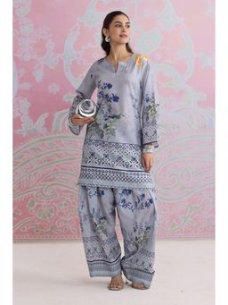 HOUSE OF KARI - Women Grey Cotton Blend Floral Kurta with Palazzo