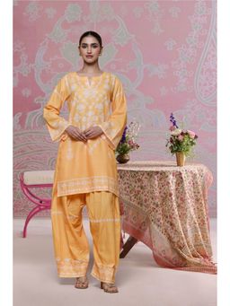 HOUSE OF KARI - Women Yellow Cotton Blend Floral Kurta with Palazzo