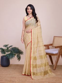 AMRUTKALA SAREES - Women Beige Cotton Woven Saree with Unstitched Blouse
