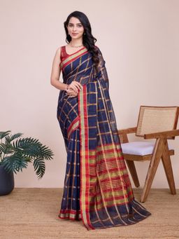 AMRUTKALA SAREES - Women Navy Blue Cotton Woven Saree with Unstitched Blouse