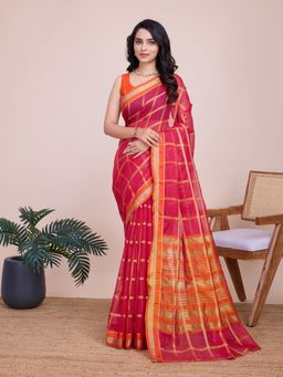 AMRUTKALA SAREES - Women Red Cotton Woven Saree with Unstitched Blouse