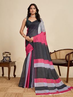 AMRUTKALA SAREES - Women Black Cotton Stripes Saree with Unstitched Blouse