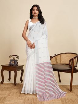 AMRUTKALA SAREES - Women White Cotton Stripes Saree with Unstitched Blouse