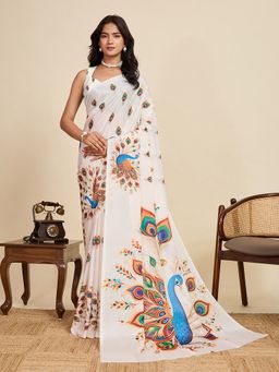 AMRUTKALA SAREES - Women Cream Cotton Animal Print Saree with Unstitched Blouse