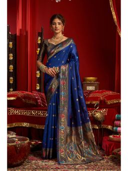 Anjaneya Sarees - Women Navy Blue Kanjeevaram Woven Saree with Unstitched Blouse