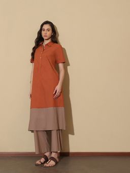 Pink Fort - Women Rust Pure Cotton Colorblock Kurta with Trouser