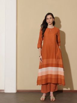 Pink Fort - Women Rust Pure Cotton Stripes Kurta with Trouser