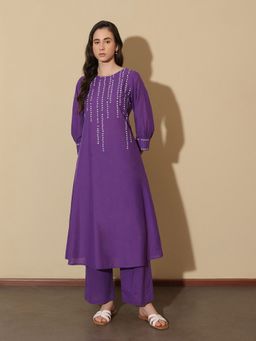 Pink Fort - Women Purple Pure Cotton Printed Kurta with Trouser