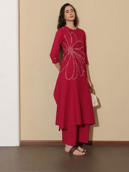 Pink Fort - Women Red Pure Cotton Floral Kurta with Trouser