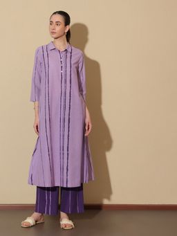 Pink Fort - Women Lavender Pure Cotton Stripes Kurta with Trouser