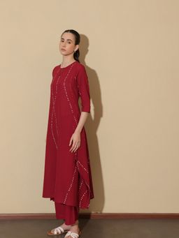 Pink Fort - Women Maroon Pure Cotton Printed Kurta with Trouser