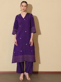 Pink Fort - Women Purple Poly Silk Polka Dots Kurta with Trouser