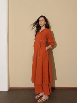 Pink Fort - Women Rust Pure Cotton Abstract Kurta with Trouser