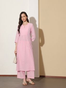 Pink Fort - Women Lavender Pure Cotton Embroidered Kurta with Trouser