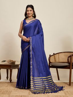 Anjaneya Sarees - Women Navy Blue Kanjeevaram Woven Saree with Unstitched Blouse