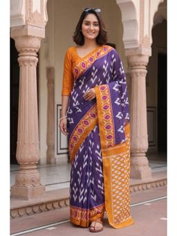 Anjaneya Sarees - Women Blue Designer Cotton Silk Printed Solid Saree With Unstitched Blouse