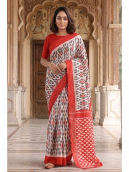 Anjaneya Sarees - White Cotton Silk Printed Solid Saree With Unstitched Blouse