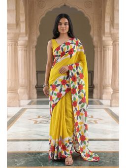 Anjaneya Sarees - Yellow Cotton Silk Printed Solid Saree With Unstitched Blouse