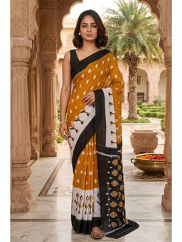 Anjaneya Sarees - Women Yellow Designer Cotton Silk Printed Solid Saree With Unstitched Blouse