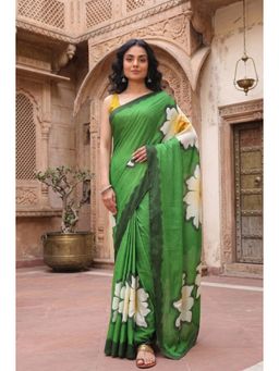 Anjaneya Sarees - Women Green Designer Cotton Silk Printed Solid Saree With Unstitched Blouse