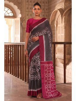 Anjaneya Sarees - Women Grey Designer Cotton Silk Printed Solid Saree With Unstitched Blouse