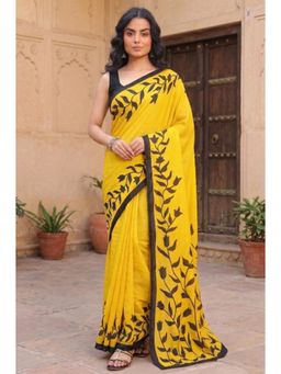 Anjaneya Sarees - Yellow Women Cotton Silk Printed Solid Saree With Unstitched Blouse