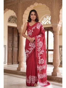 Anjaneya Sarees - Red Cotton Silk Printed Solid Saree With Unstitched Blouse