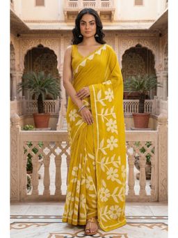 Anjaneya Sarees - Yellow Designer Cotton Silk Printed Solid Saree With Unstitched Blouse