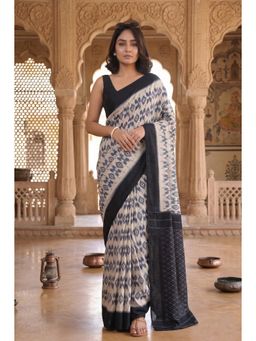 Anjaneya Sarees - Black Cotton Silk Printed Solid Saree With Unstitched Blouse