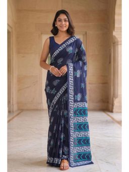 Anjaneya Sarees - Blue Cotton Printed Solid Saree With Unstitched Blouse